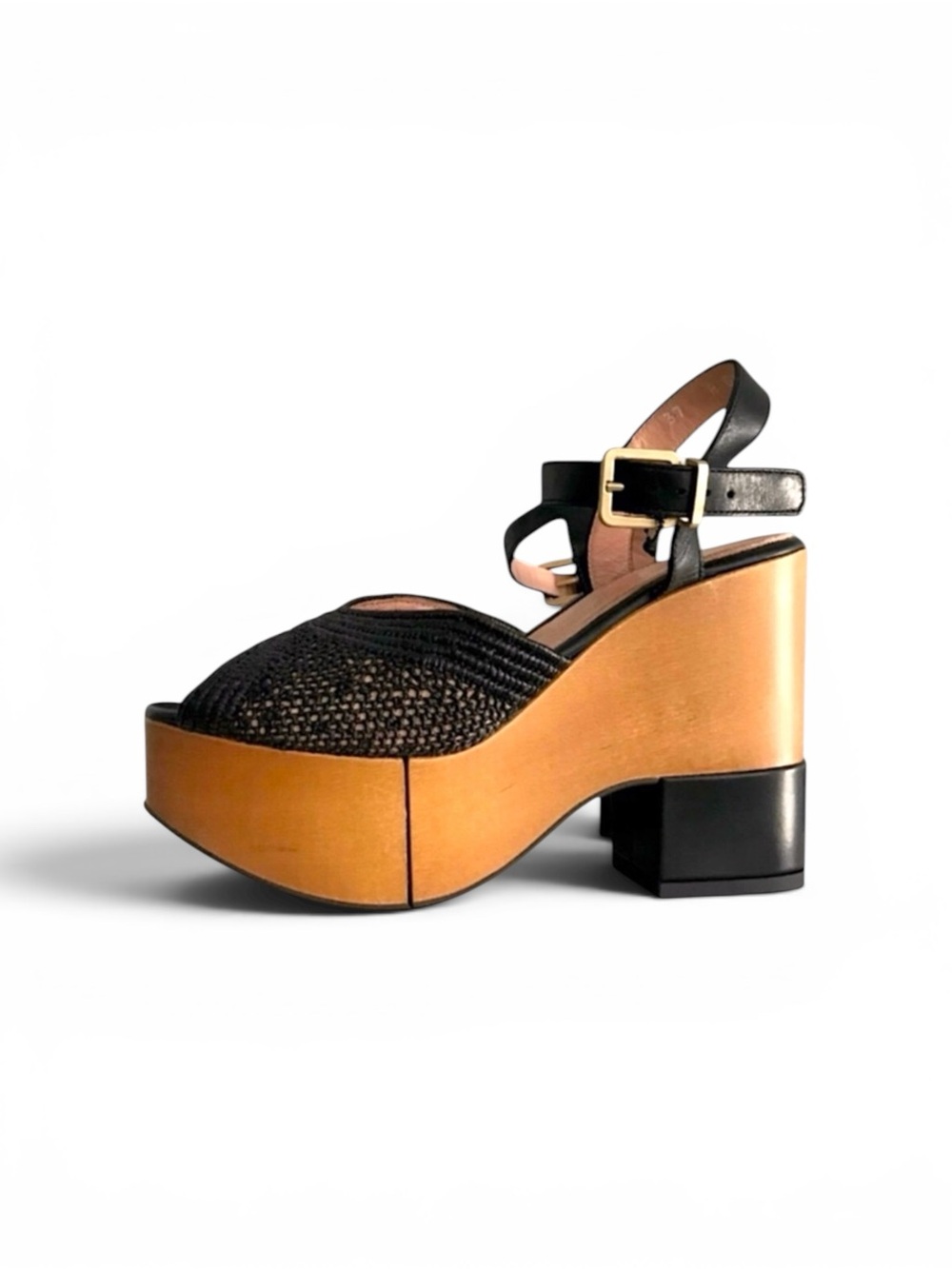 Robert Clergerie Paris Raffia Leather Wood Platform Heel Sandals Size 37|US 6